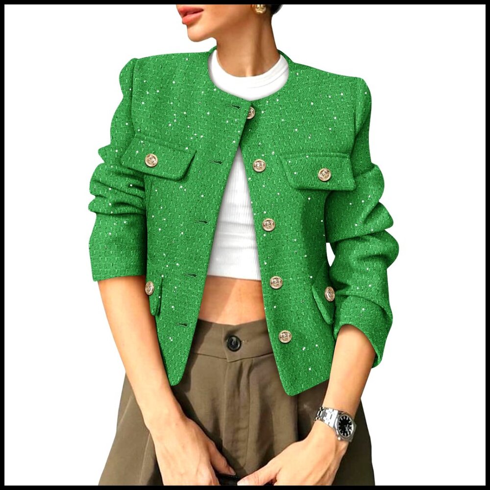 Cropped Tweed Blazer Collarless Button Down Sequin Top with Pockets